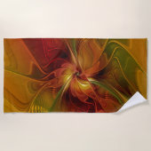 抽象芸術赤オレンジ色の茶色の緑のフラクタルアートフラワー ビーチタオル (正面)