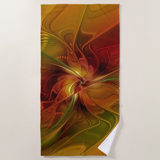 抽象芸術赤オレンジ色の茶色の緑のフラクタルアートフラワー ビーチタオル (正面)