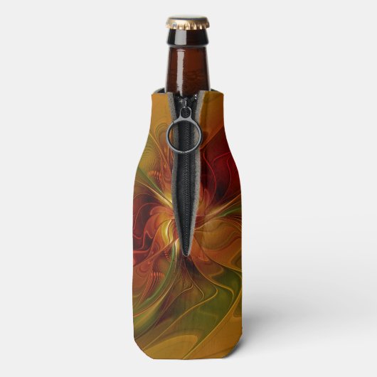 抽象芸術赤オレンジ色の茶色の緑のフラクタルアートフラワー ボトルクーラー (ボトル裏面)
