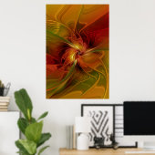 抽象芸術赤オレンジ色の茶色の緑のフラクタルアートフラワー ポスター (ホームオフィス)