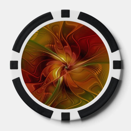 抽象芸術赤オレンジ色の茶色の緑のフラクタルアートフラワー ポーカーチップ (正面)