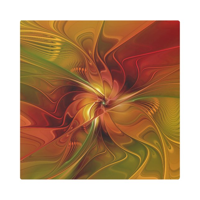 抽象芸術赤オレンジ色の茶色の緑のフラクタルアートフラワー メタルプリント (正面)