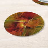 抽象芸術赤オレンジ色の茶色の緑のフラクタルアートフラワー ラウンドペーパーコースター (アングル)