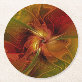 抽象芸術赤オレンジ色の茶色の緑のフラクタルアートフラワー ラウンドペーパーコースター