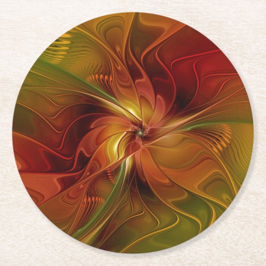 抽象芸術赤オレンジ色の茶色の緑のフラクタルアートフラワー ラウンドペーパーコースター (正面)