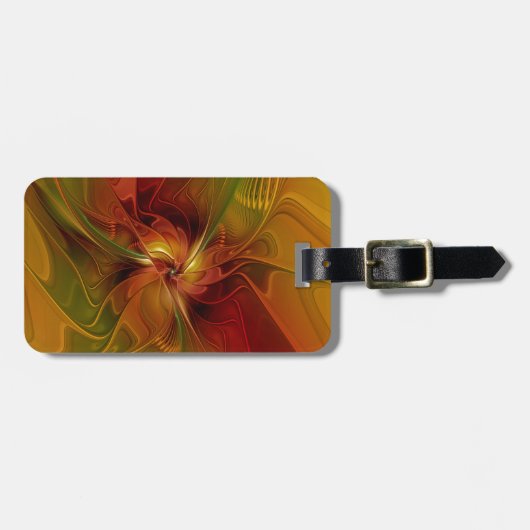 抽象芸術赤オレンジ色の茶色の緑のフラクタルアートフラワー ラゲッジタグ (正面横)