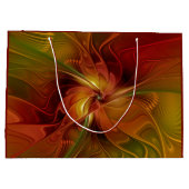 抽象芸術赤オレンジ色の茶色の緑のフラクタルアートフラワー ラージペーパーバッグ (裏面)