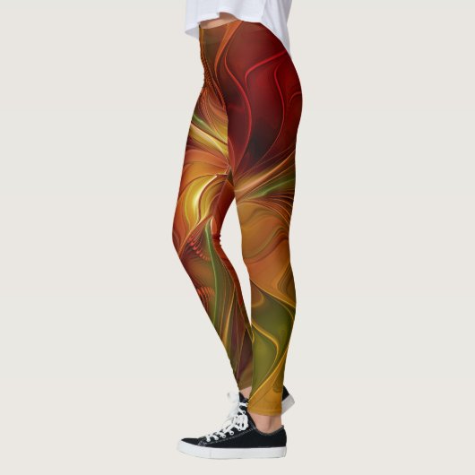 抽象芸術赤オレンジ色の茶色の緑のフラクタルアートフラワー レギンス (左)