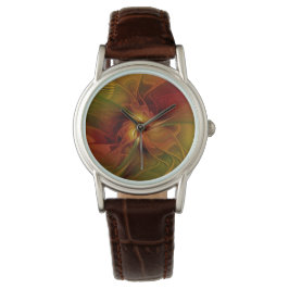 抽象芸術赤オレンジ色の茶色の緑のフラクタルアートフラワー 腕時計