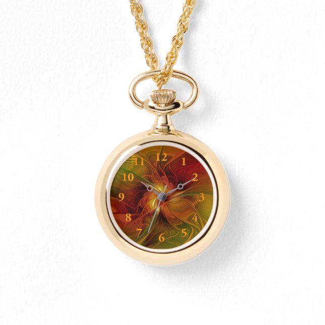 抽象芸術赤オレンジ色の茶色の緑のフラクタルアートフラワー 腕時計 (正面)