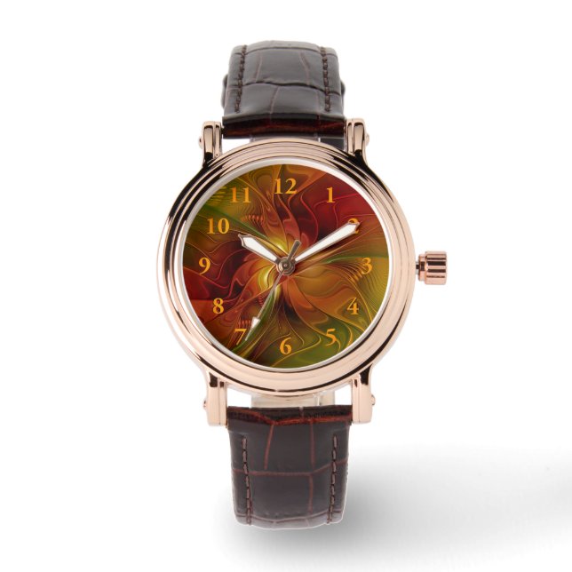 抽象芸術赤オレンジ色の茶色の緑のフラクタルアートフラワー 腕時計 (正面)