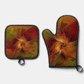 抽象芸術赤オレンジ色の茶色の緑のフラクタルアートフラワー 鍋つかみ&鍋敷きセット (正面)
