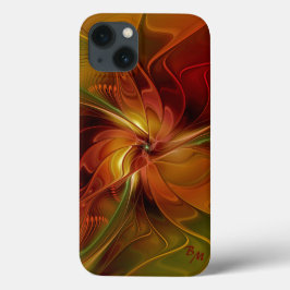 抽象芸術赤オレンジ色の茶色の緑のフラクタルアートフラワー iPhone 13ケース