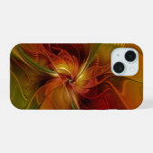 抽象芸術赤オレンジ色の茶色の緑のフラクタルアートフラワー iPhone 15ケース (裏面横)