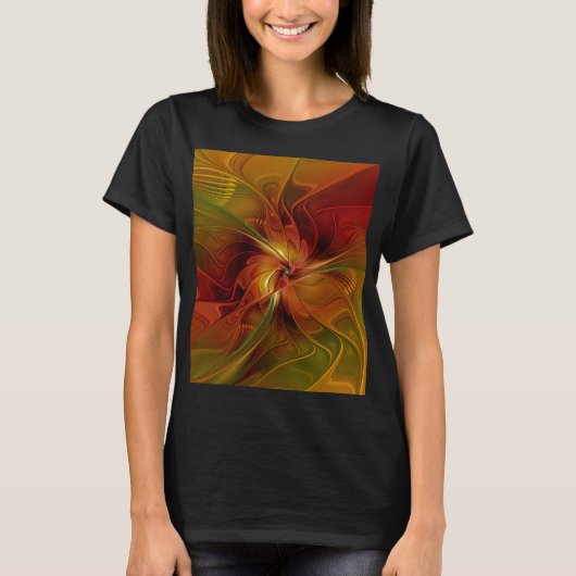抽象芸術赤オレンジ色の茶色の緑のフラクタルアートフラワー Tシャツ (正面)