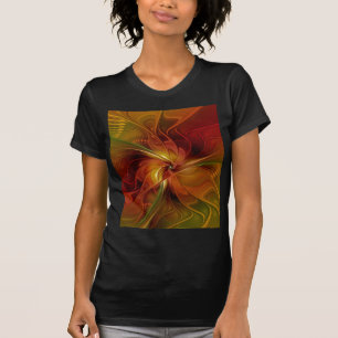 抽象芸術赤オレンジ色の茶色の緑のフラクタルアートフラワー Tシャツ