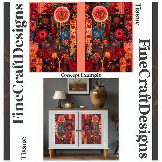 抽象芸術赤フローラキルトスタイルデコパージュL+R 142 薄葉紙