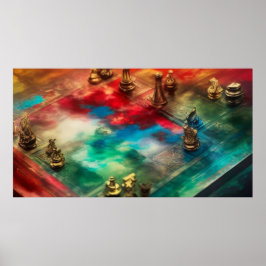 抽象芸術赤モダンティール（緑がかった色）金ゴールドチェス盤姿 ポスター