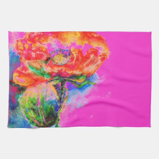 抽象芸術赤水色フローラ絵画 キッチンタオル (横)