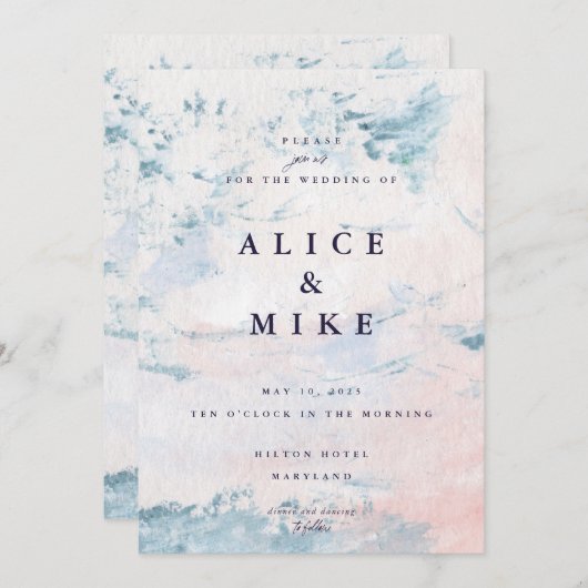 抽象芸術赤面とスカイブルーの水彩背景 招待状 (正面/裏面)