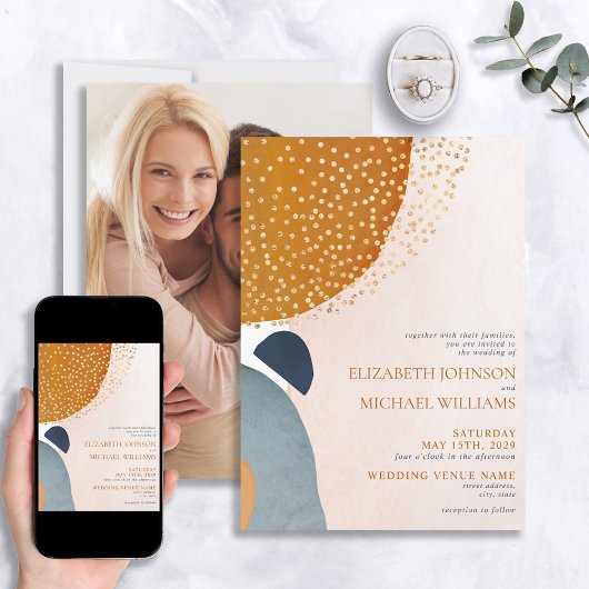 抽象芸術赤面ピンクブルーテラコッタフォト結婚ズ 招待状