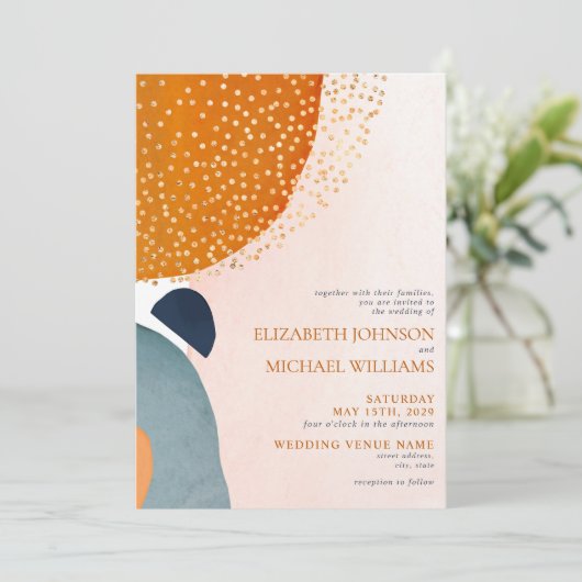 抽象芸術赤面ピンクブルーテラコッタフォト結婚ズ 招待状 (スタンド正面)