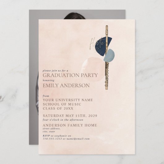 抽象芸術赤面ピンク金ゴールドフルート写真卒業 招待状 (正面/裏面)