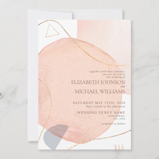 抽象芸術赤面ピンク&ゴールドオーガニックフォイル結婚ズ 招待状 (正面)