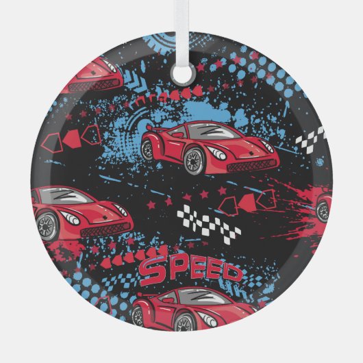 抽象芸術車グランジ、子供っぽいパターン。 ガラスオーナメント (正面)
