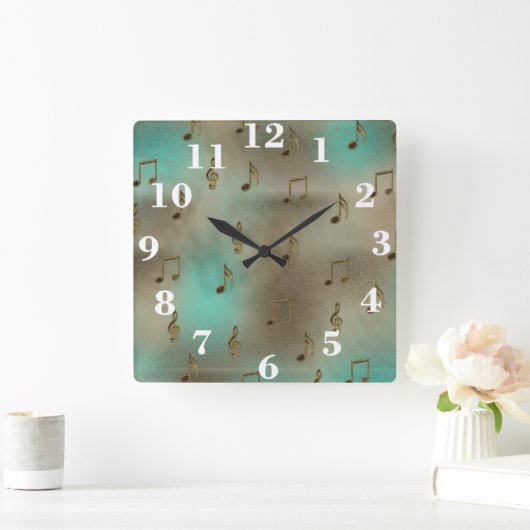 抽象芸術金ゴールドとティール（緑がかった色）音符パターン スクエア壁時計 (ホーム)