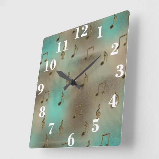 抽象芸術金ゴールドとティール（緑がかった色）音符パターン スクエア壁時計 (傾斜)