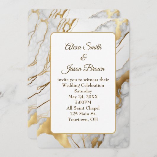 抽象芸術金ゴールドと白い大理石の結婚式の招待 招待状 (正面/裏面)