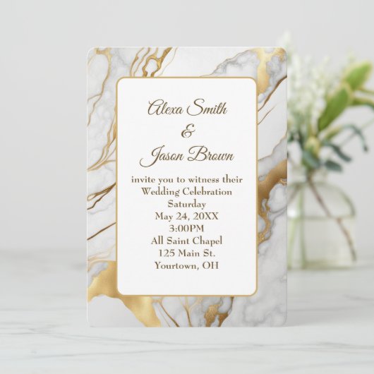抽象芸術金ゴールドと白い大理石の結婚式の招待 招待状 (スタンド正面)