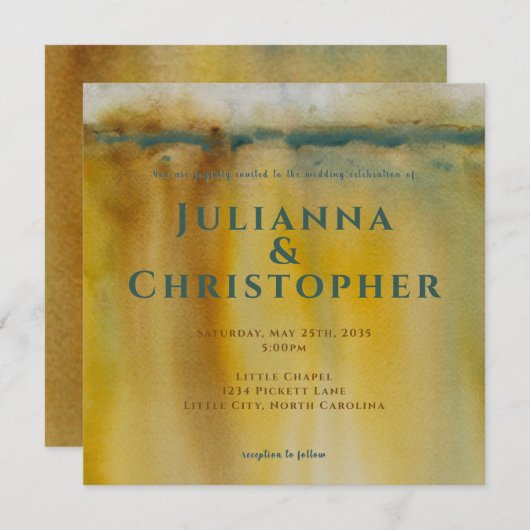 抽象芸術金ゴールドアートウォーターカラー結婚式招待状 招待状 (正面/裏面)