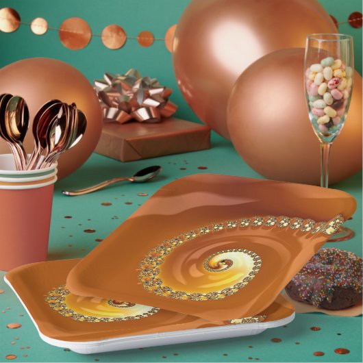 抽象芸術金ゴールドオレンジ色のグラデーション緩和曲線フラクタル ペーパープレート (複数)