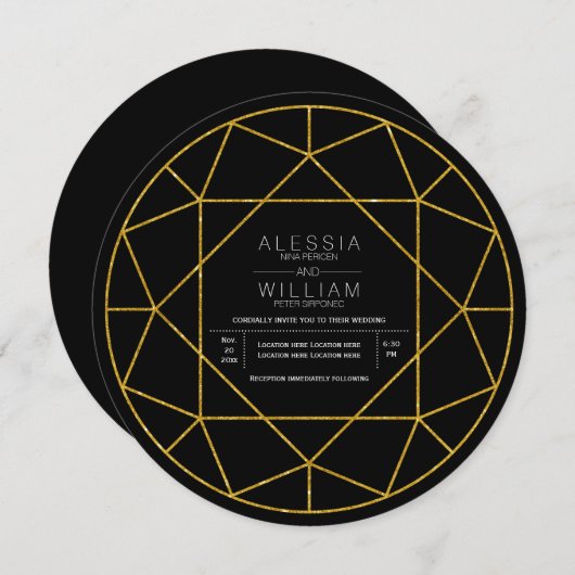 抽象芸術金ゴールドグリッターダイヤモンドジュエル結婚ブラック 招待状 (正面/裏面)