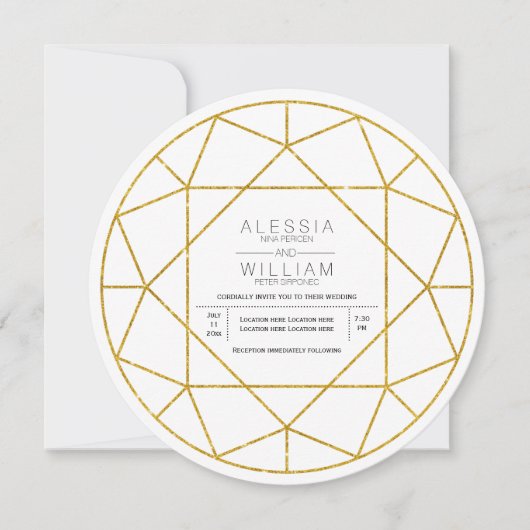 抽象芸術金ゴールドグリッターダイヤモンド結婚ジュエル 招待状 (正面)