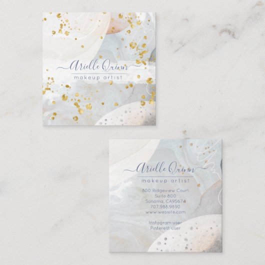 抽象芸術金ゴールドグリッター水彩化粧アーティスト スクエア名刺 (正面/裏面)