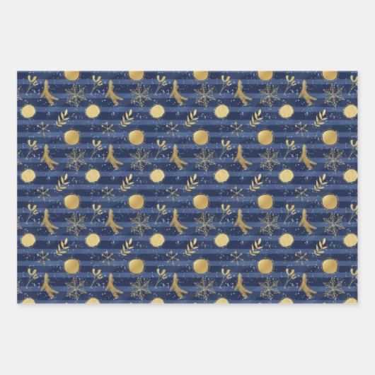 抽象芸術金ゴールドスノーフレークホリデーバルブブルー ラッピングペーパーシート (正面3)