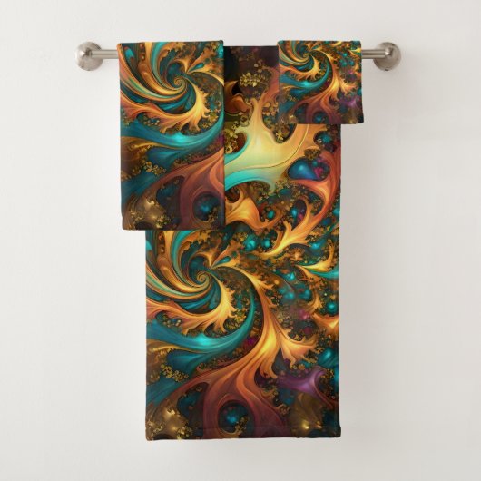 抽象芸術金ゴールドティール(緑がかった色)オレンジフレイムス、 バスタオルセット (インサイチュ)