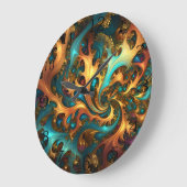 抽象芸術金ゴールドティール(緑がかった色)オレンジフレイムス、 ラージ壁時計 (傾斜)