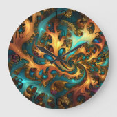 抽象芸術金ゴールドティール(緑がかった色)オレンジフレイムス、 ラージ壁時計 (正面)