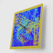 抽象芸術金ゴールドバタフライブルーパステル スクエア壁時計 (傾斜)