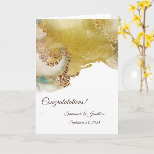 抽象芸術金ゴールドパーソナライズされたティール(緑がかった色)結婚 カード (黄色い花)