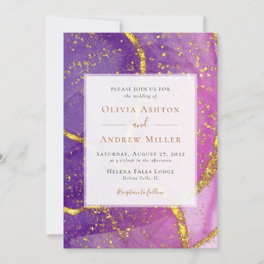 抽象芸術金ゴールドパープユニークル結婚ズ 招待状 (正面)