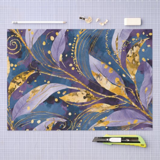 抽象芸術金ゴールドパープルとブルーの葉デコページ 薄葉紙 (クラフト)
