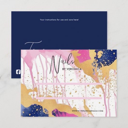 抽象芸術金ゴールドピンクシック押し付けオン爪、 ネイルディスプレイカード サンキューカード (正面/裏面)
