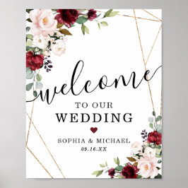 抽象芸術金ゴールドブルゴーニュ赤面フローラウェルカムサイン ポスター