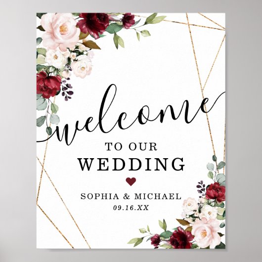 抽象芸術金ゴールドブルゴーニュ赤面フローラウェルカムサイン ポスター (正面)