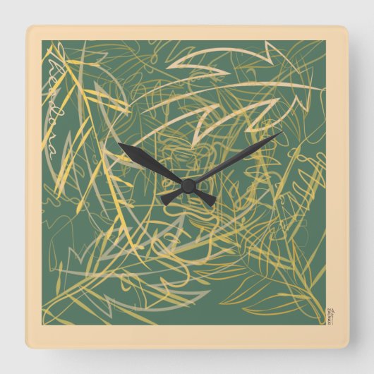 抽象芸術金ゴールドリーフグリーン背景 スクエア壁時計 (正面)
